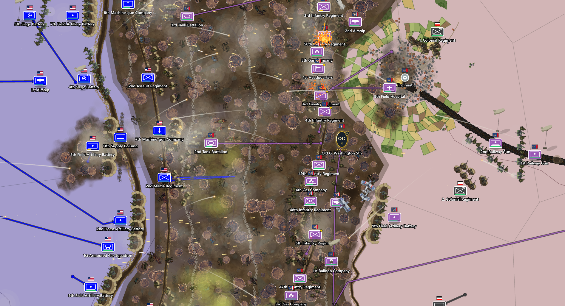 A large battle around Cincinnati with infantry, artillery, tanks and airships on the map