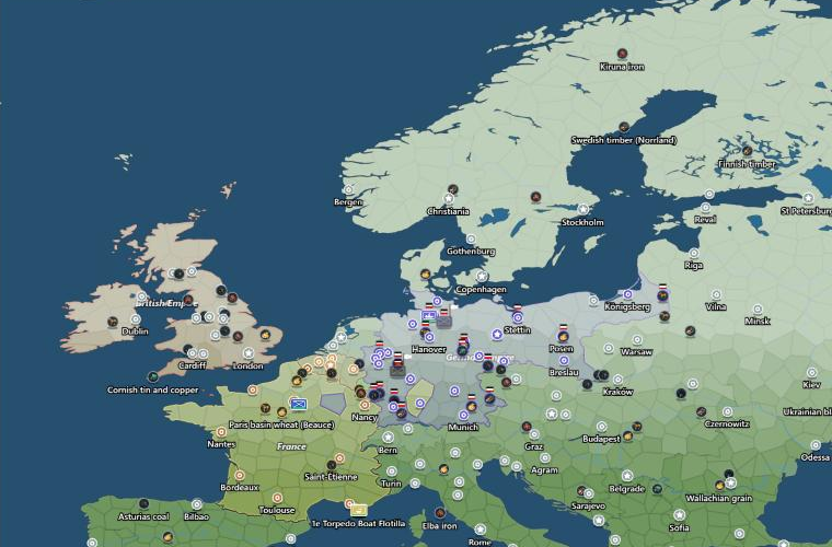A European campaign map showing national borders, cities, armies and resource nodes