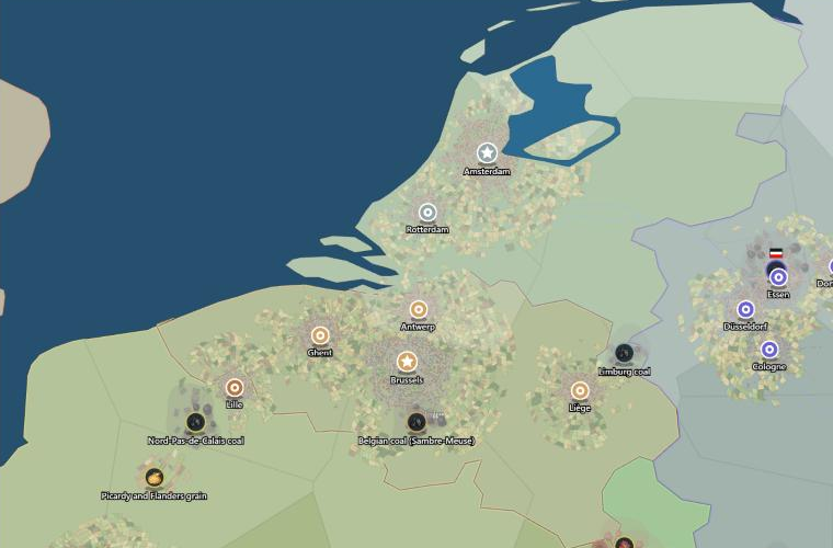 A close view of the campaign, with a procedural town and soldiers on the ground