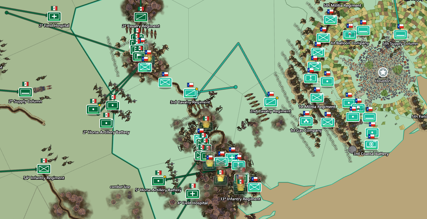 Forces and supply lines surrounding Houston on the campaign map