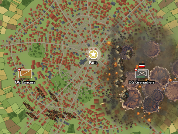 Paris on the campaign map with two opposing units and a battle at the edge of the city